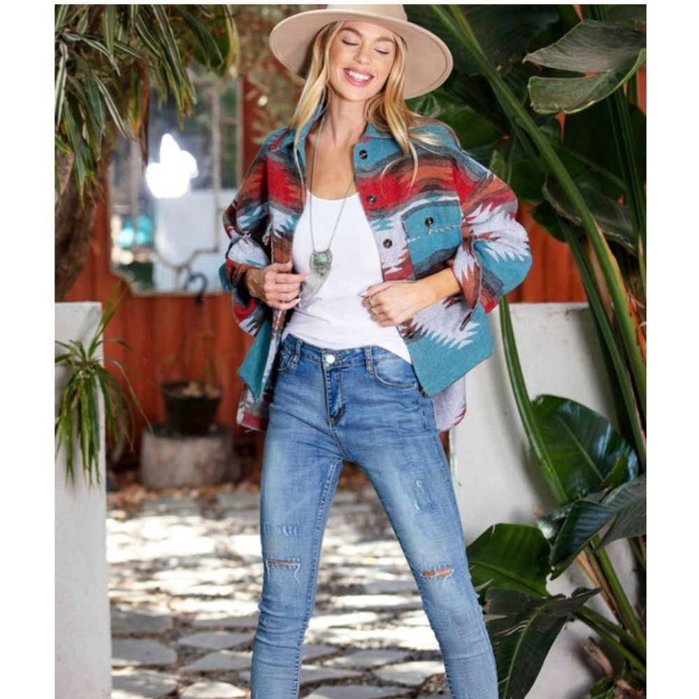 Boho Vintage Aztec Tribal Yellowstone Distressed Flannel Shirt Jacket Shacket